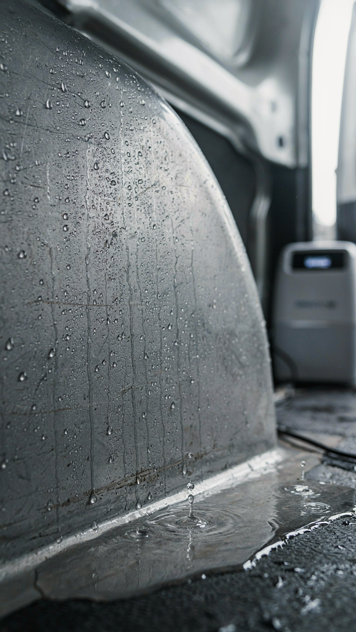 Condensation drips from a cold metal surface inside a van.
