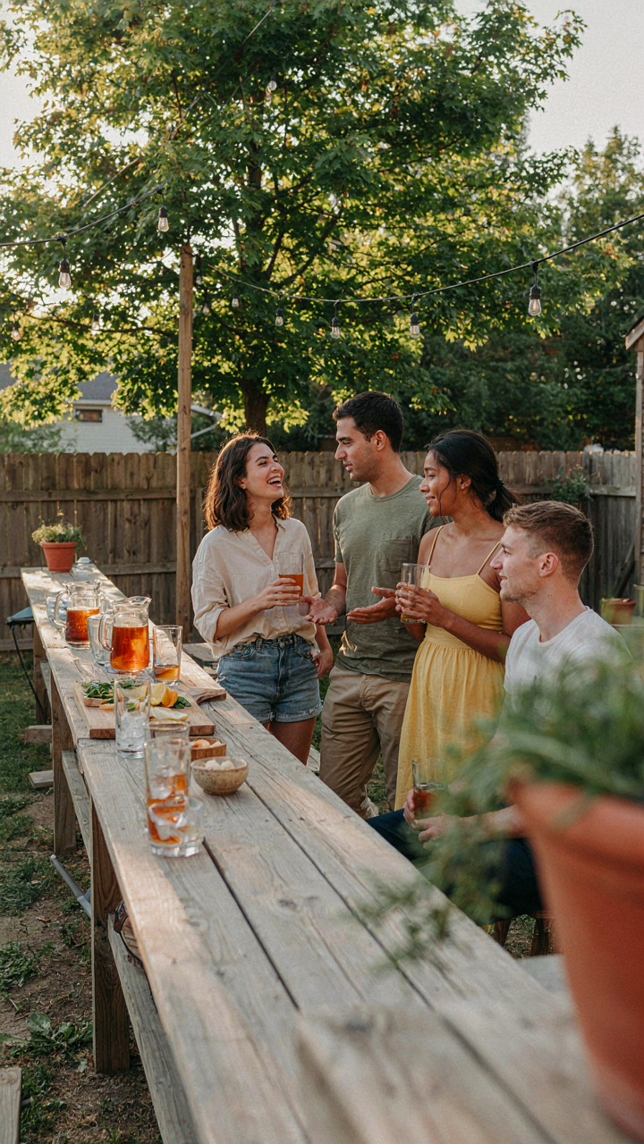 Friends chat and laugh around an iced tea bar, enjoying their drinks.