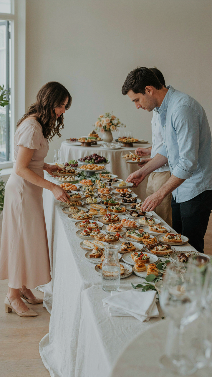 A catering table with many individual pre-portioned appetizer servings.