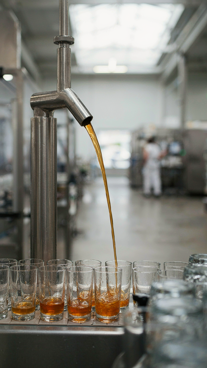 One signature drink is poured fast into many glasses on a line.