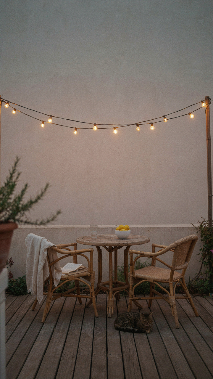 A patio lit by only one string of lights, making the area look flat.
