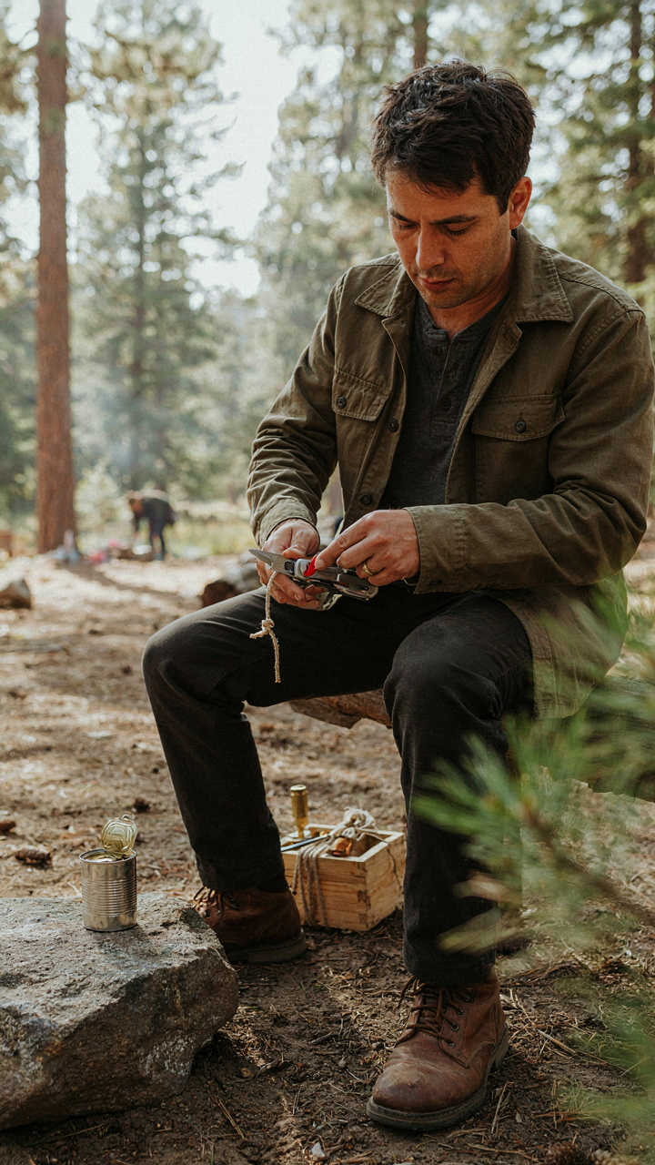 A person uses a multi-tool knife for many different camp tasks.