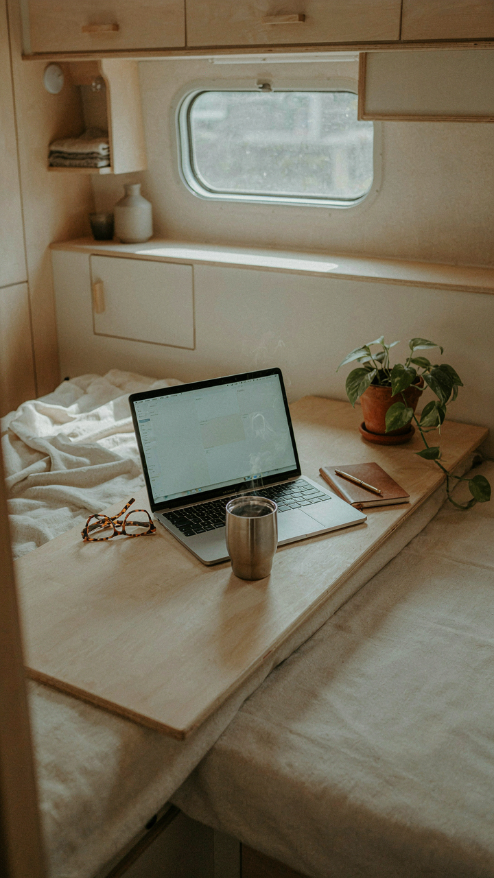 A van bed serves as a temporary desk with a laptop and work items.