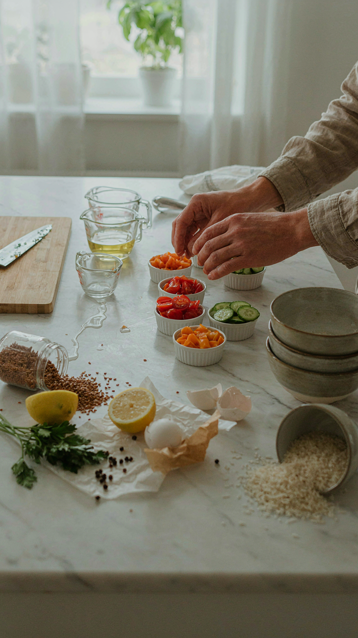 Messy kitchen counter with ingredients, showing effort of pre-portioning food.