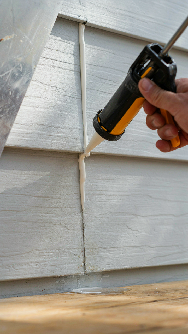 A hand meticulously seals a seam on a shed's exterior wall with caulk.
