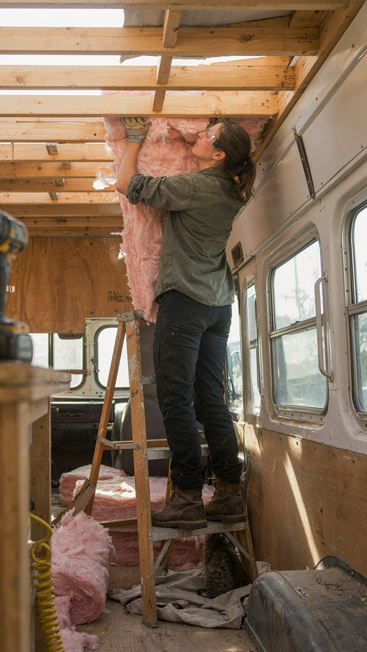 A person insulates the ceiling of a skoolie interior.