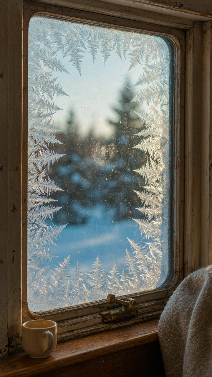 Frost patterns are on an old skoolie window glass.