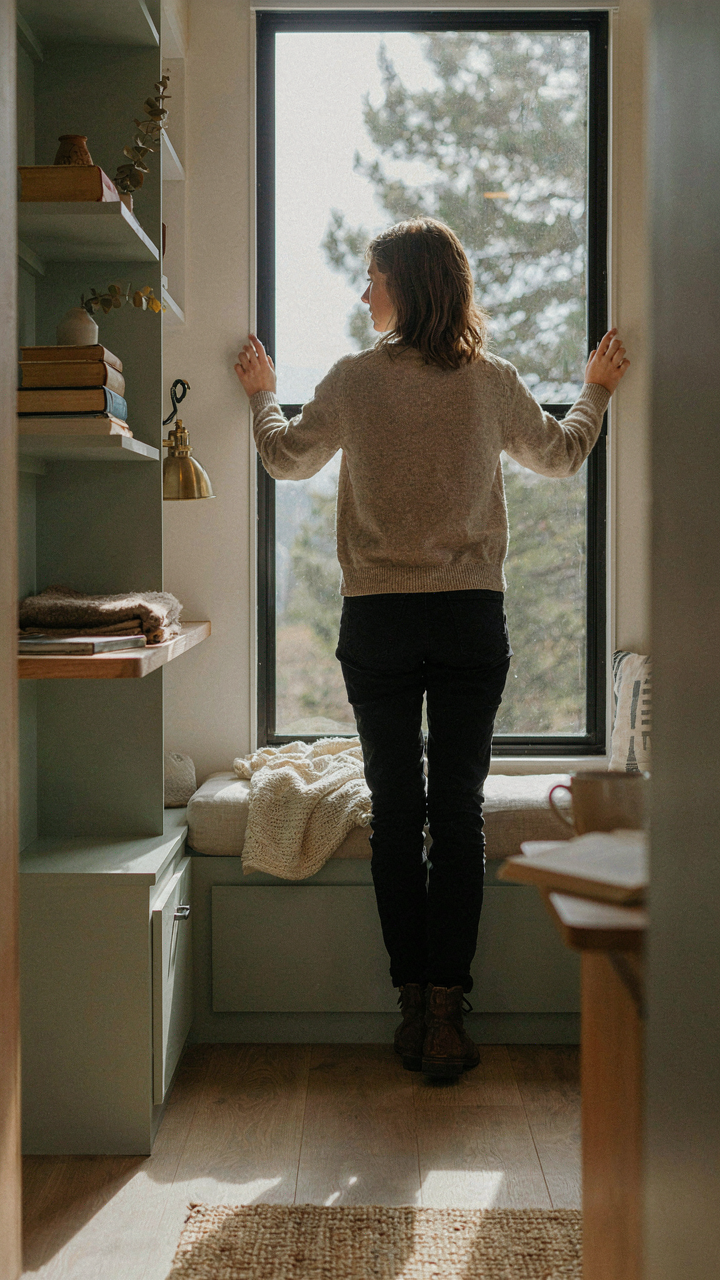A small camper interior with tall windows and vertical storage making it feel spacious.