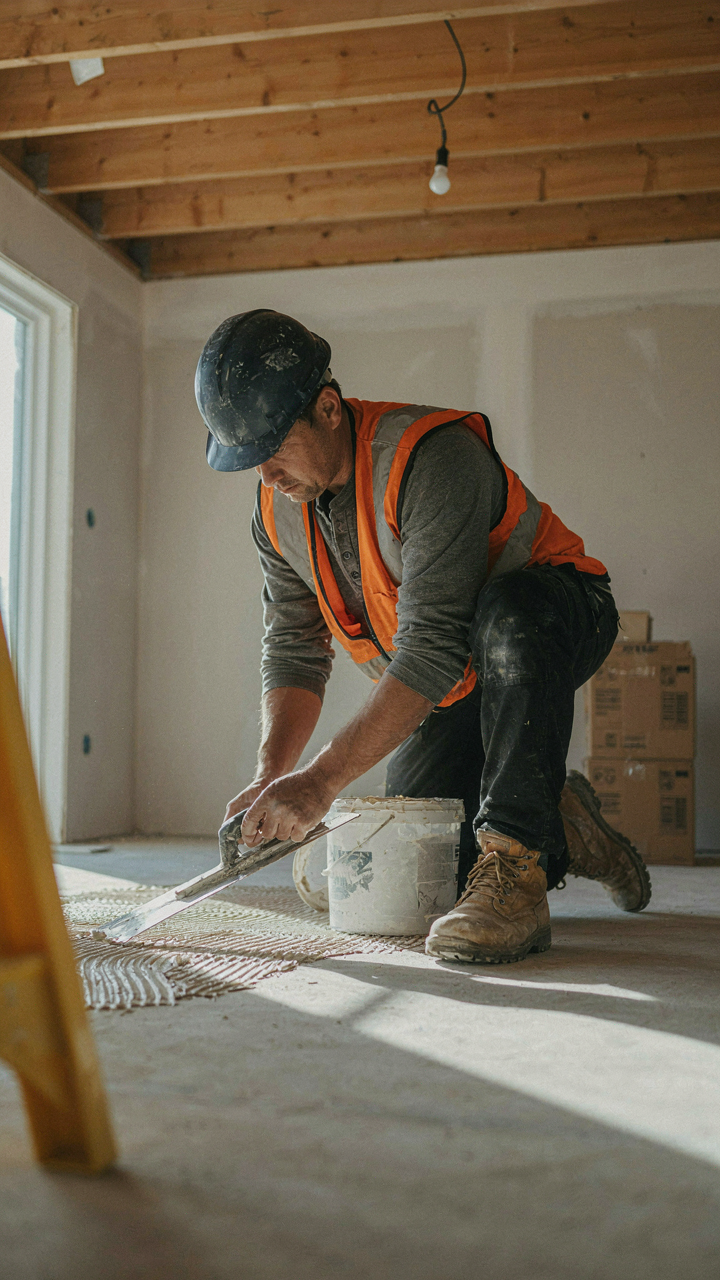 A worker carefully spreads adhesive evenly on a subfloor with a trowel.