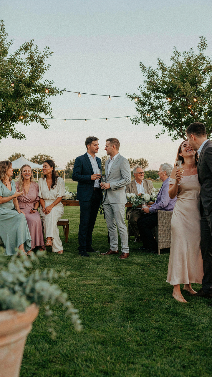 Wedding guests mingle in small groups in a thoughtfully arranged backyard.