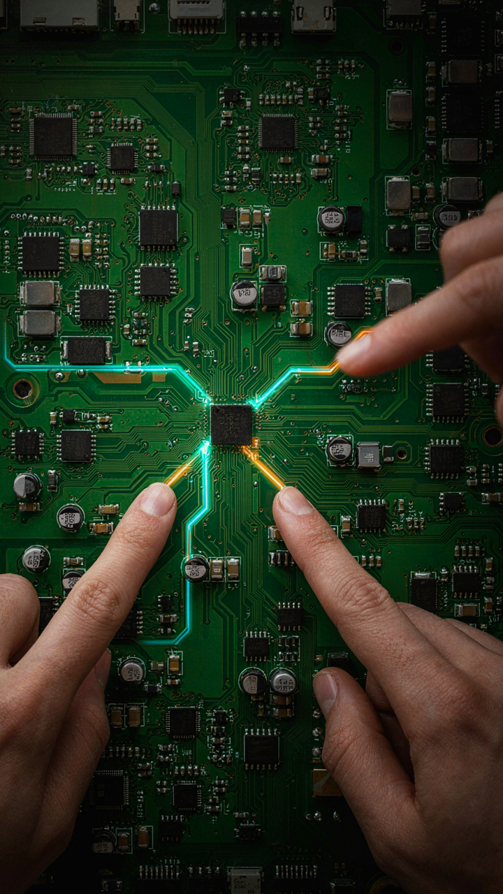 Human hands pointing at glowing pathways on a complex circuit board.