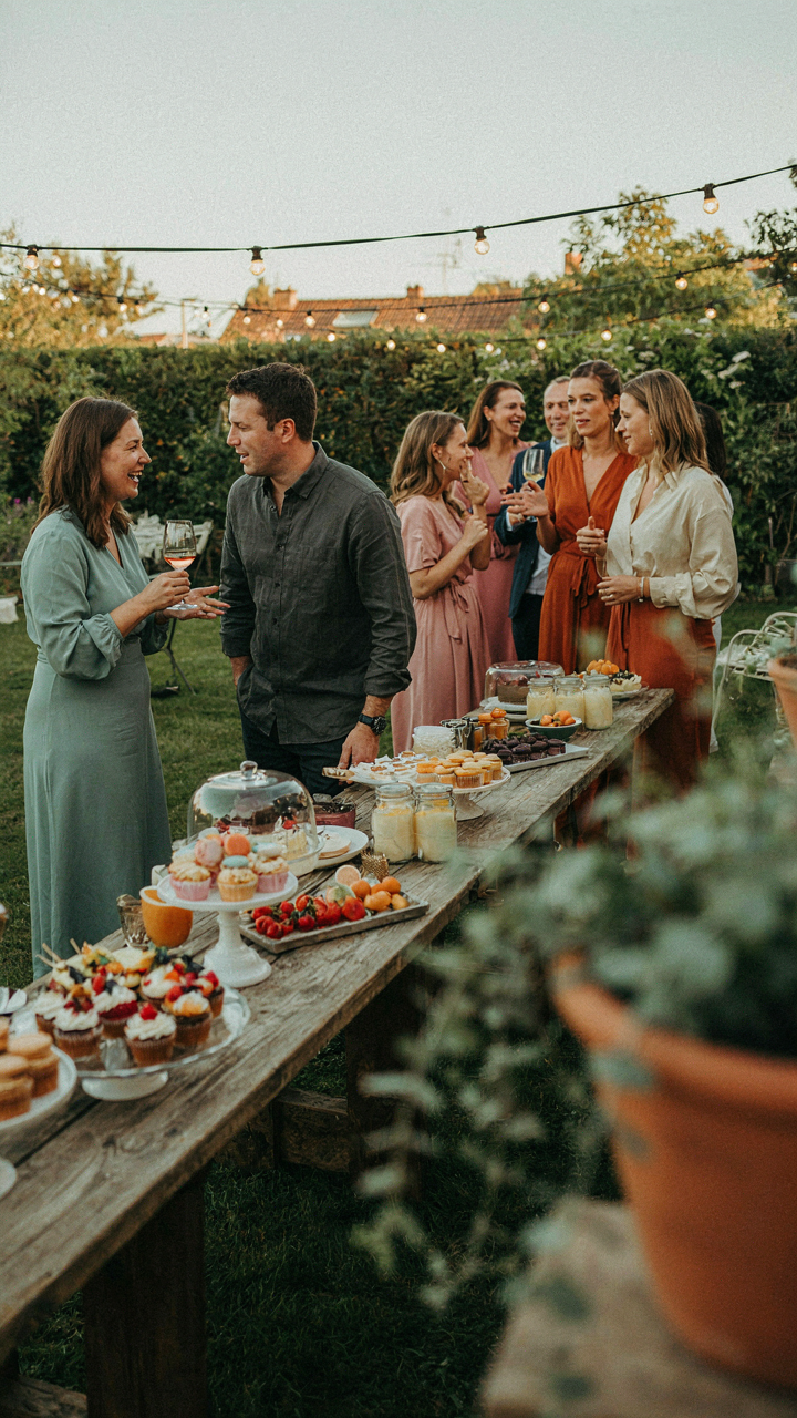 Guests talk at an outdoor birthday treat bar, not on phones.