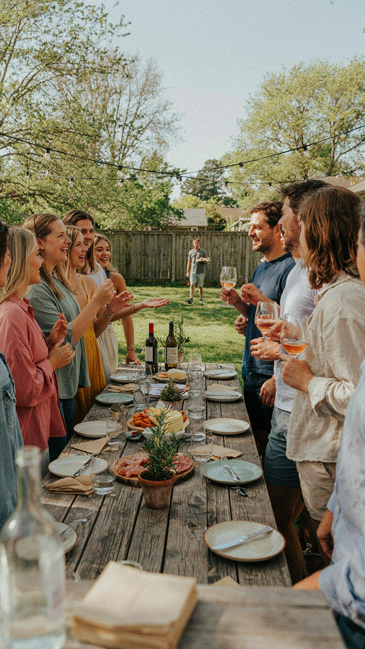 People at an outdoor party laugh and talk, some wearing name tags.
