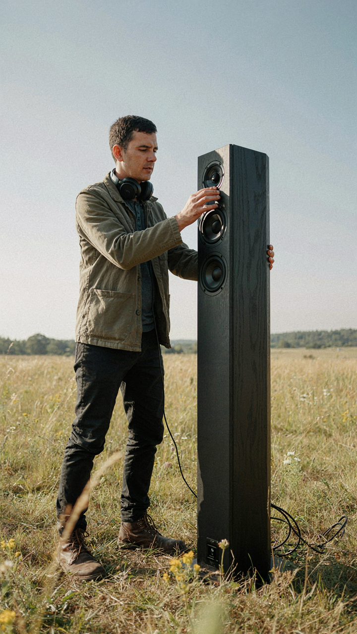 A sound engineer adjusting an outdoor speaker system in an open field.