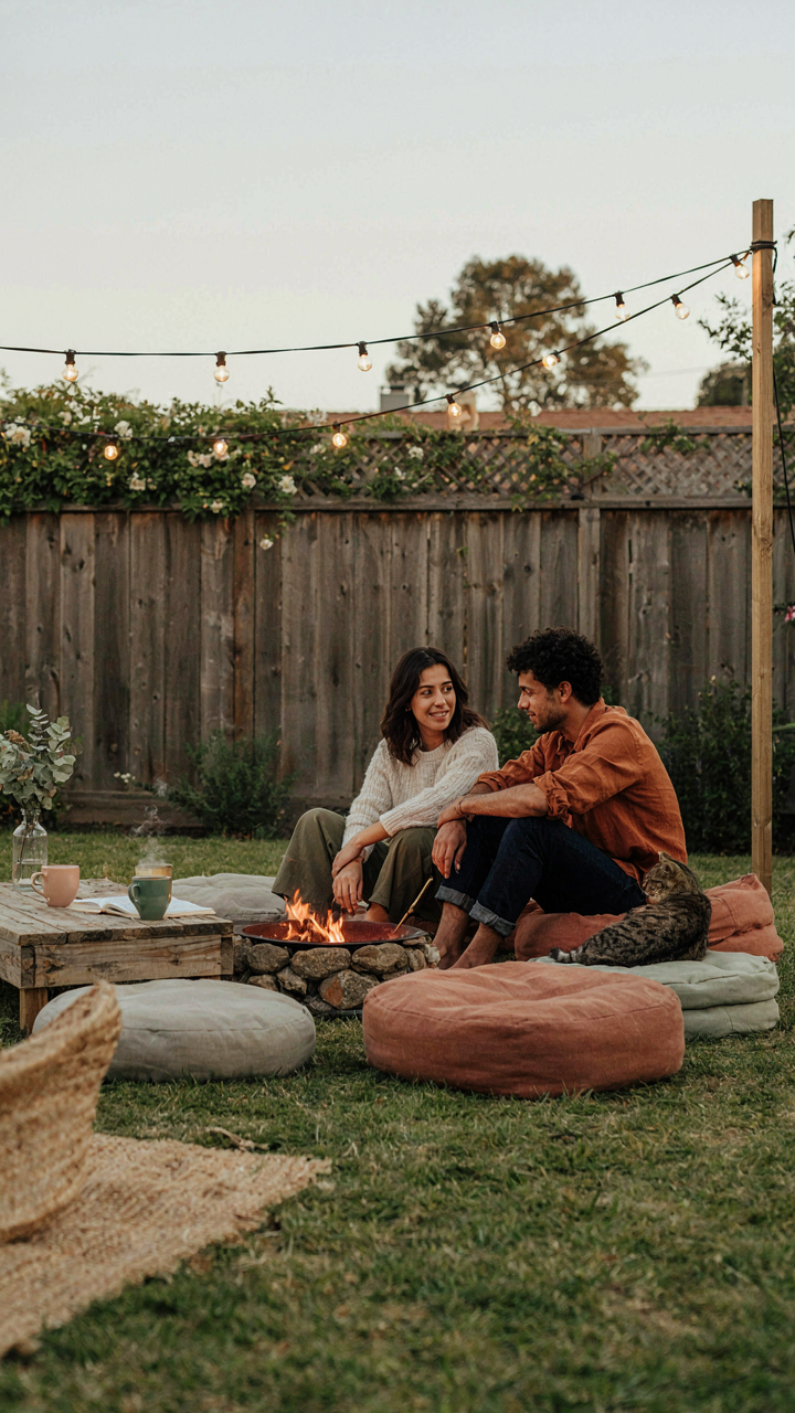 Friends sit on low cushions around a fire pit at a backyard lounge party.