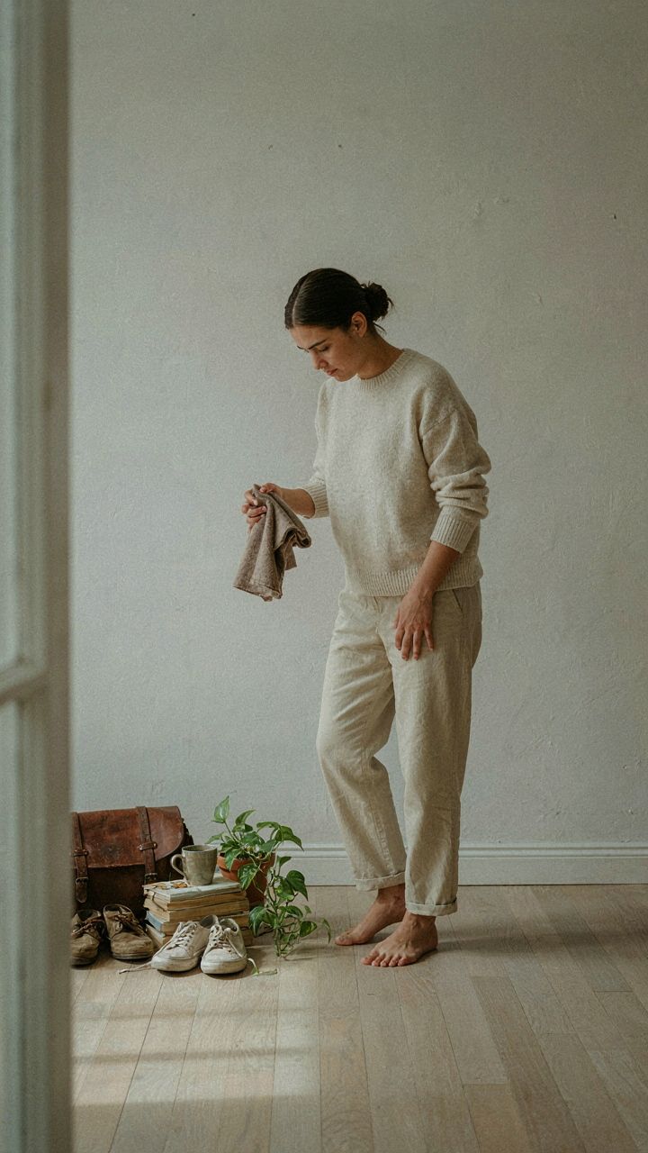 A person carefully chooses one item from a small pile.