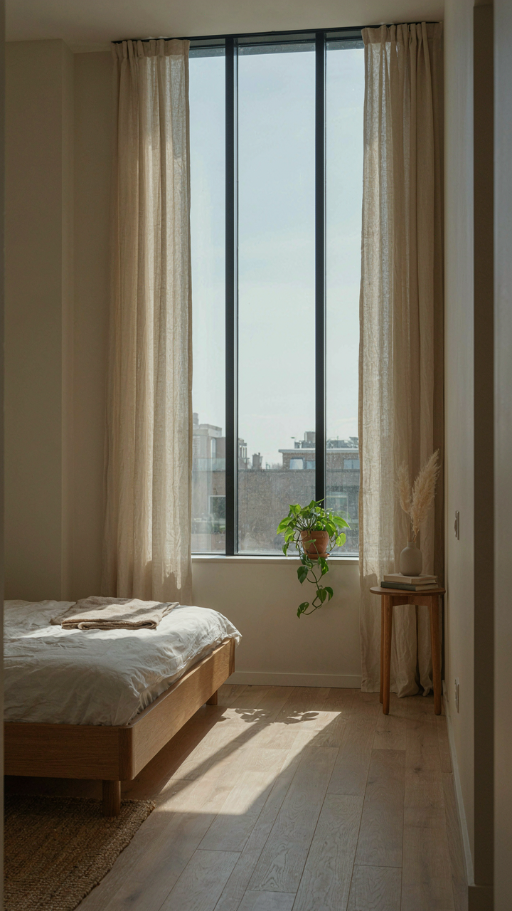 A small apartment feels spacious due to clear sightlines and minimal furniture.