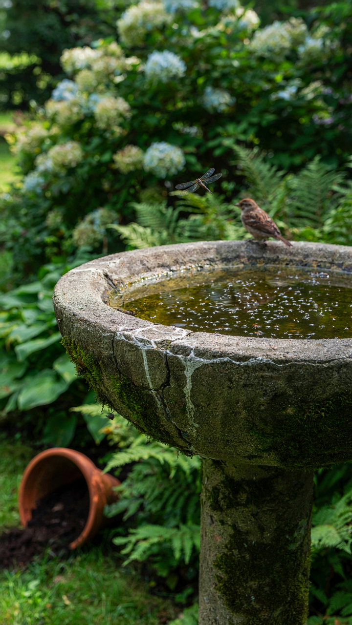 Stagnant water in a bird bath shows tiny mosquito larvae.