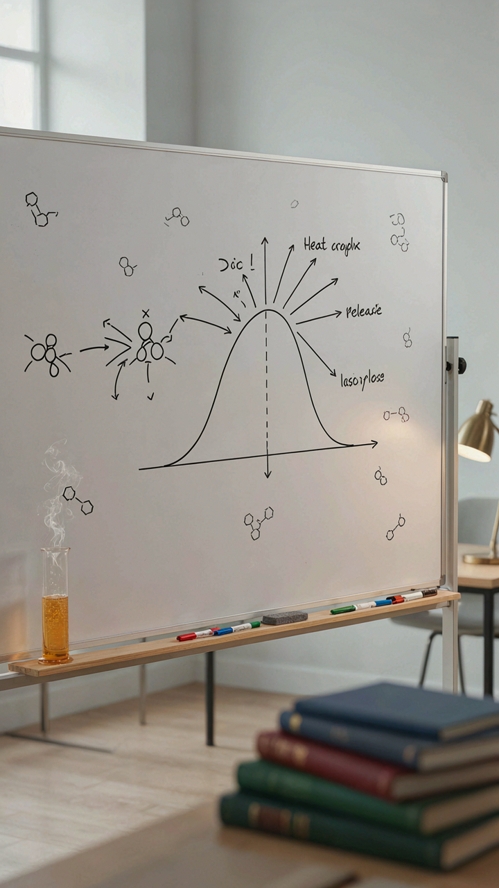 A complex scientific diagram shows an exothermic reaction on a whiteboard.