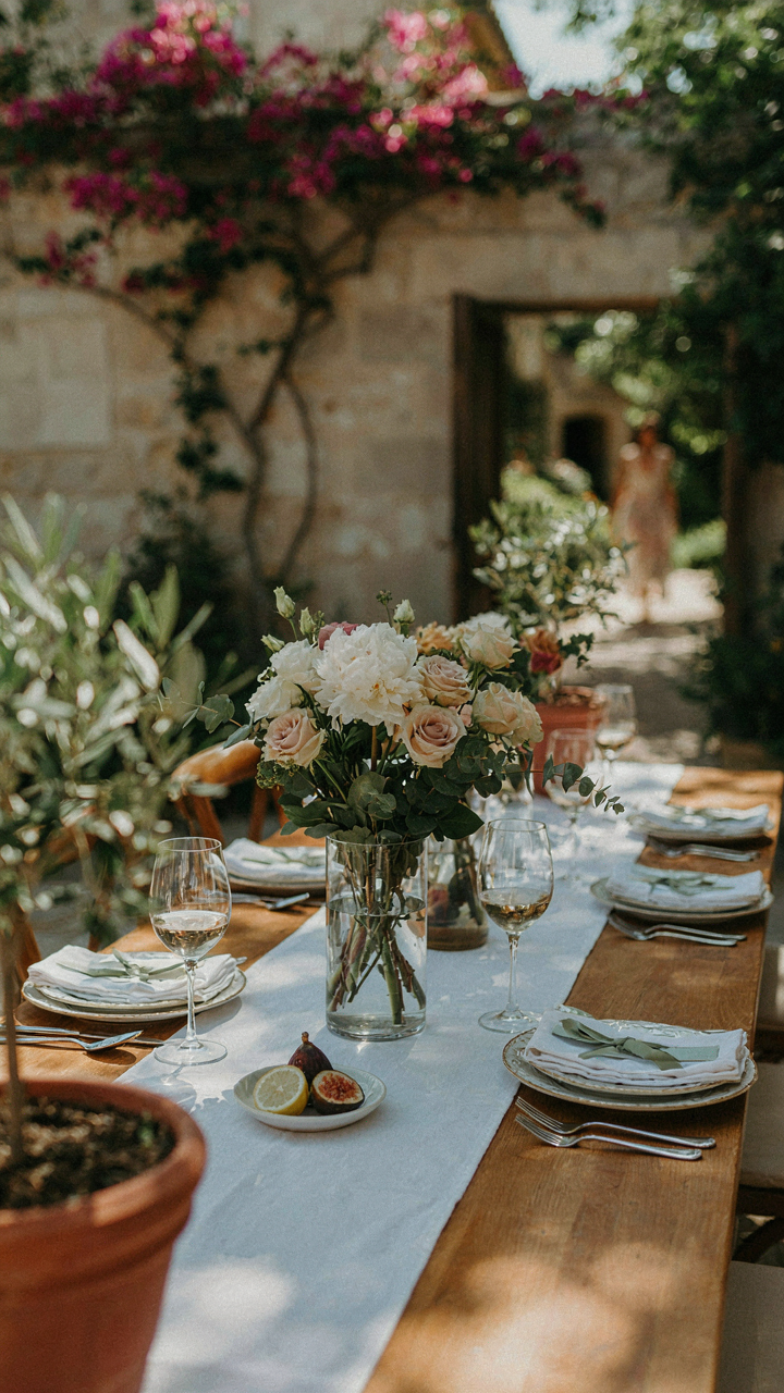 A perfectly set outdoor dining table with an elegant centerpiece and napkins.