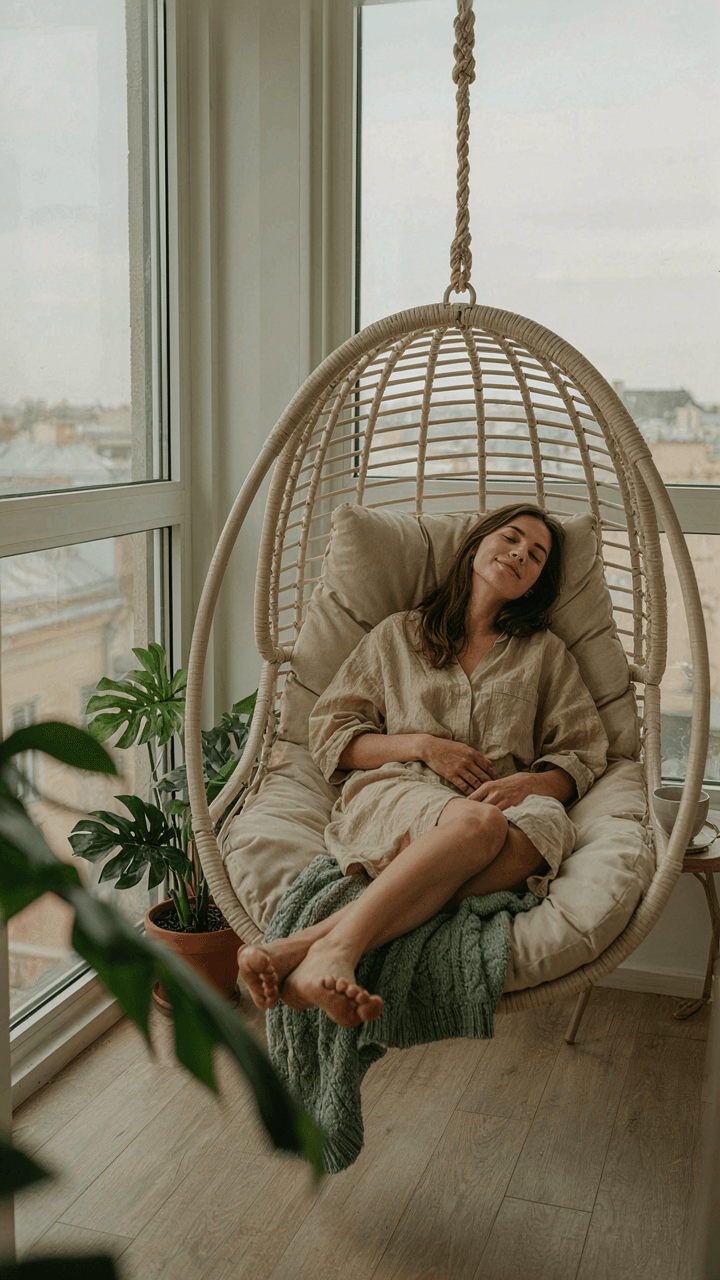 A person relaxing deeply in a hanging egg chair, looking very peaceful.