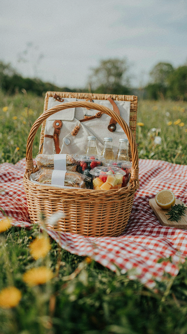 An organized picnic basket holds pre-packaged food and drinks for easy access.
