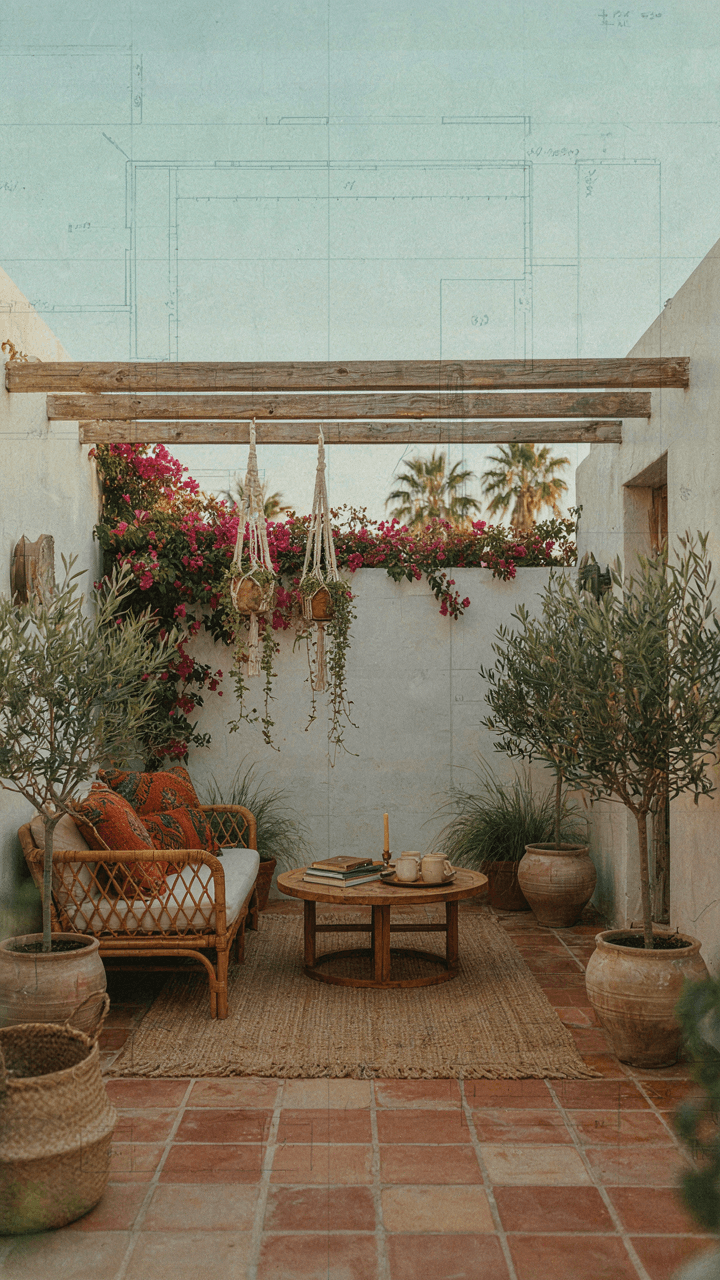 An architectural blueprint over a boho patio design.