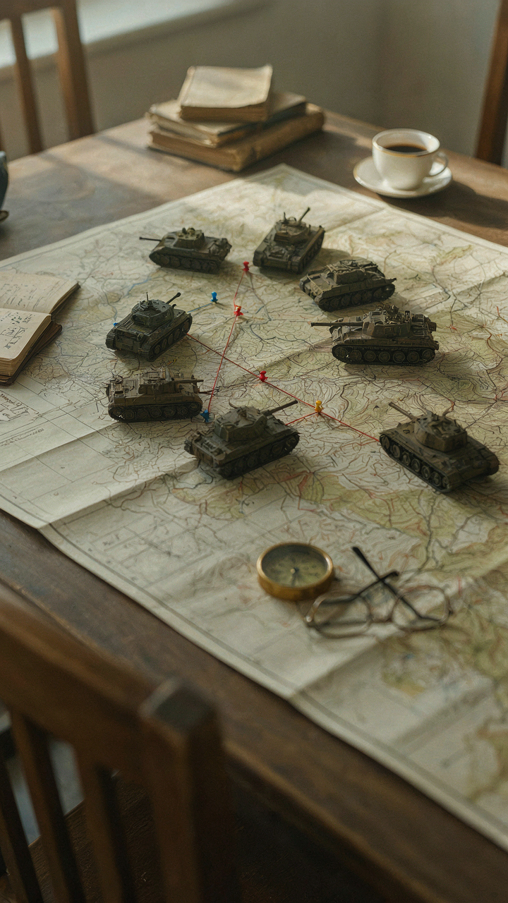 A detailed military map with strategic placements marked by string and miniature tanks.