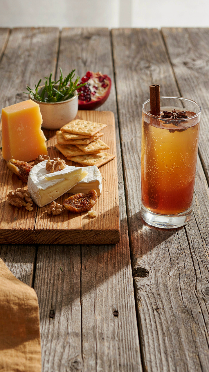 A cheese and cracker platter paired with a fall mocktail on a board.