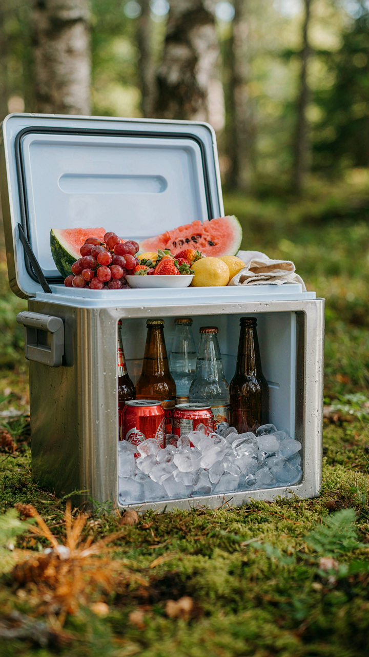 A camping cooler is perfectly layered with ice, drinks, and food items.