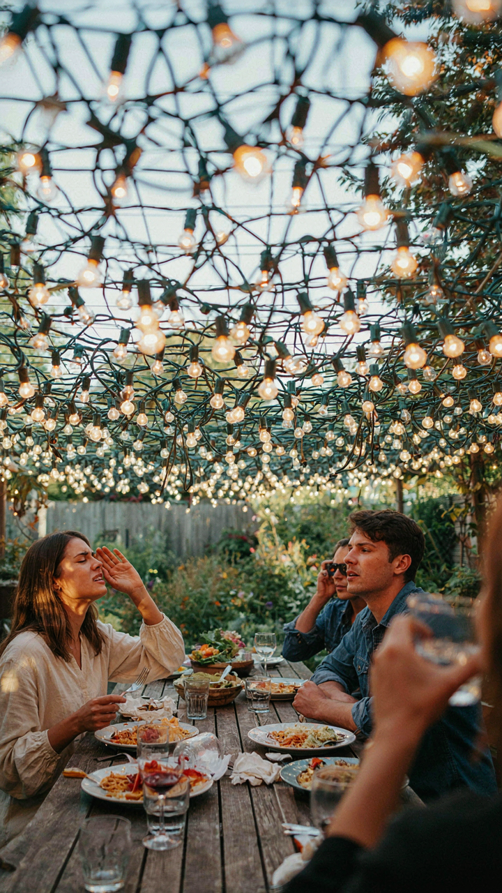 An outdoor patio overwhelmed by a dense, tangled display of string lights.