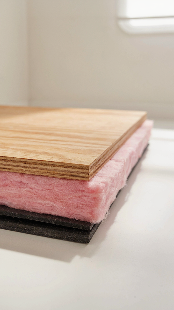 A cross-section of a camper floor showing clean layers of plywood and insulation.