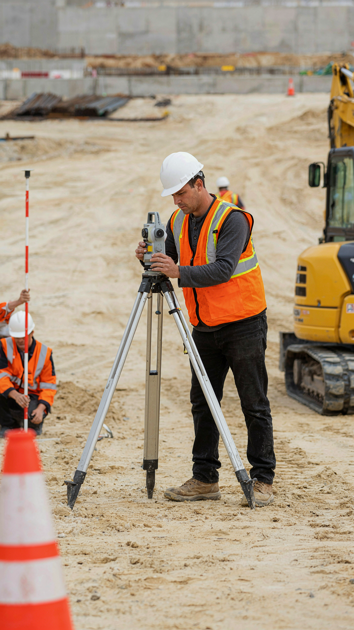 A surveyor uses a leveling tool on flat ground for construction.
