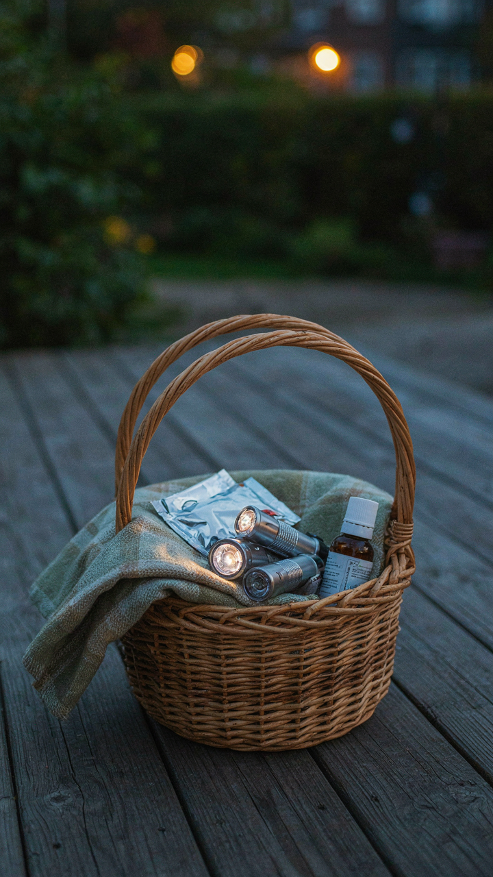 A wicker outdoor blanket basket filled with hand warmers, bug spray, and flashlights.