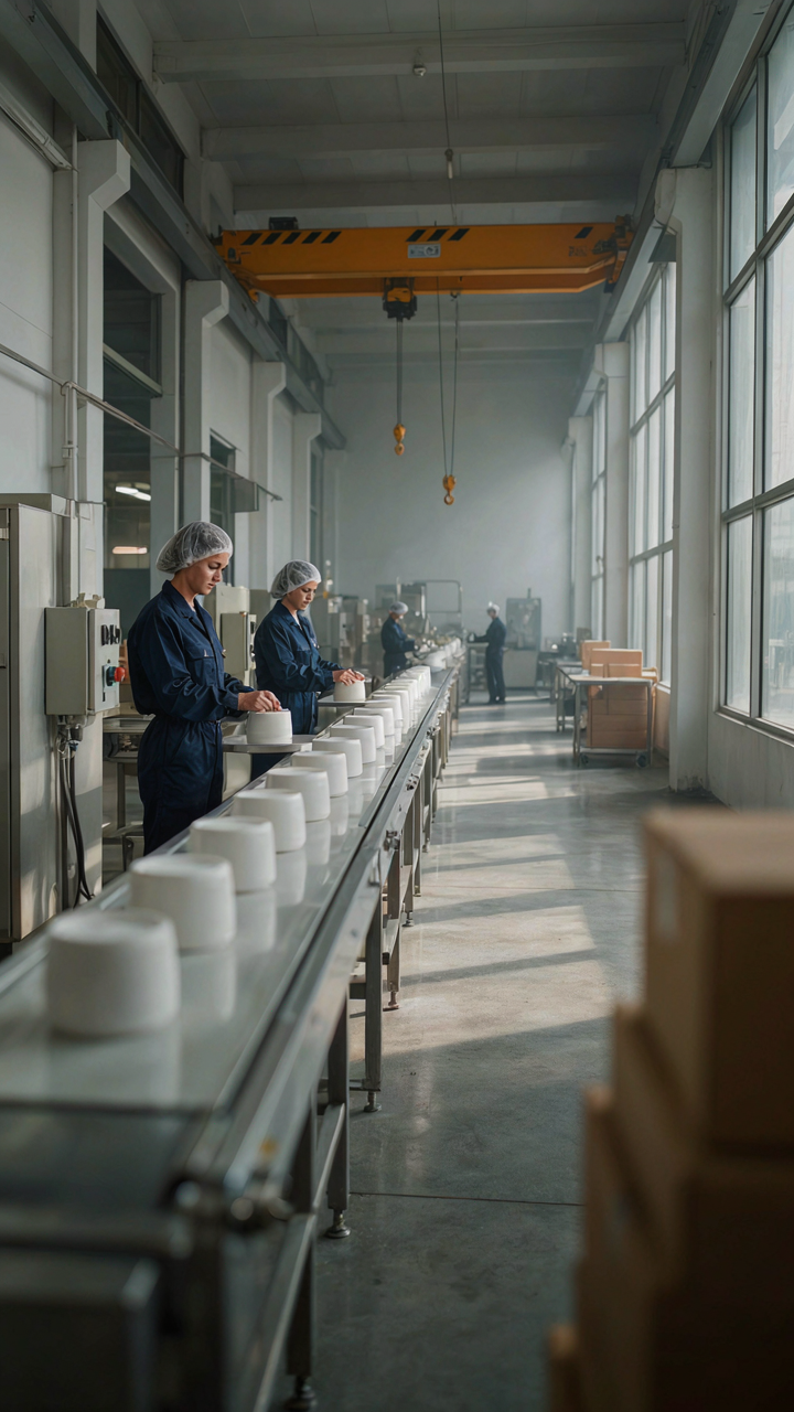 Products move smoothly along a conveyor belt in a well-organized factory.
