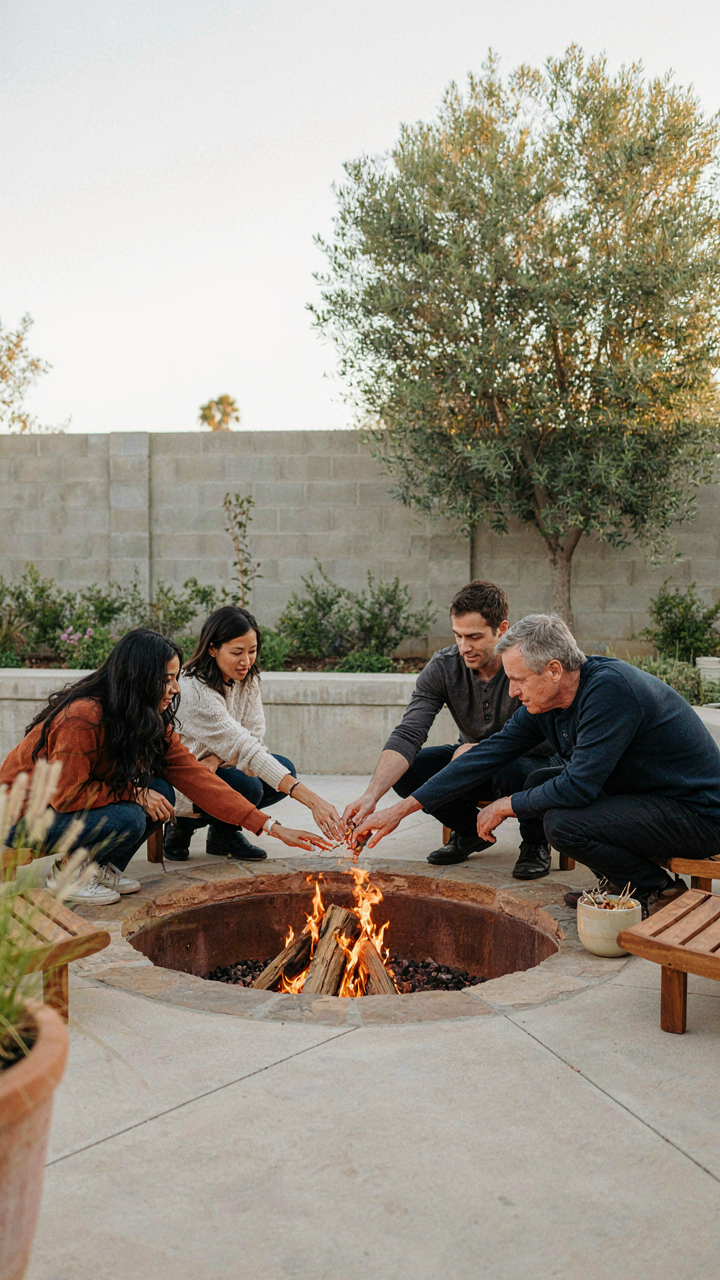Guests struggle to connect across a deeply sunken fire pit.