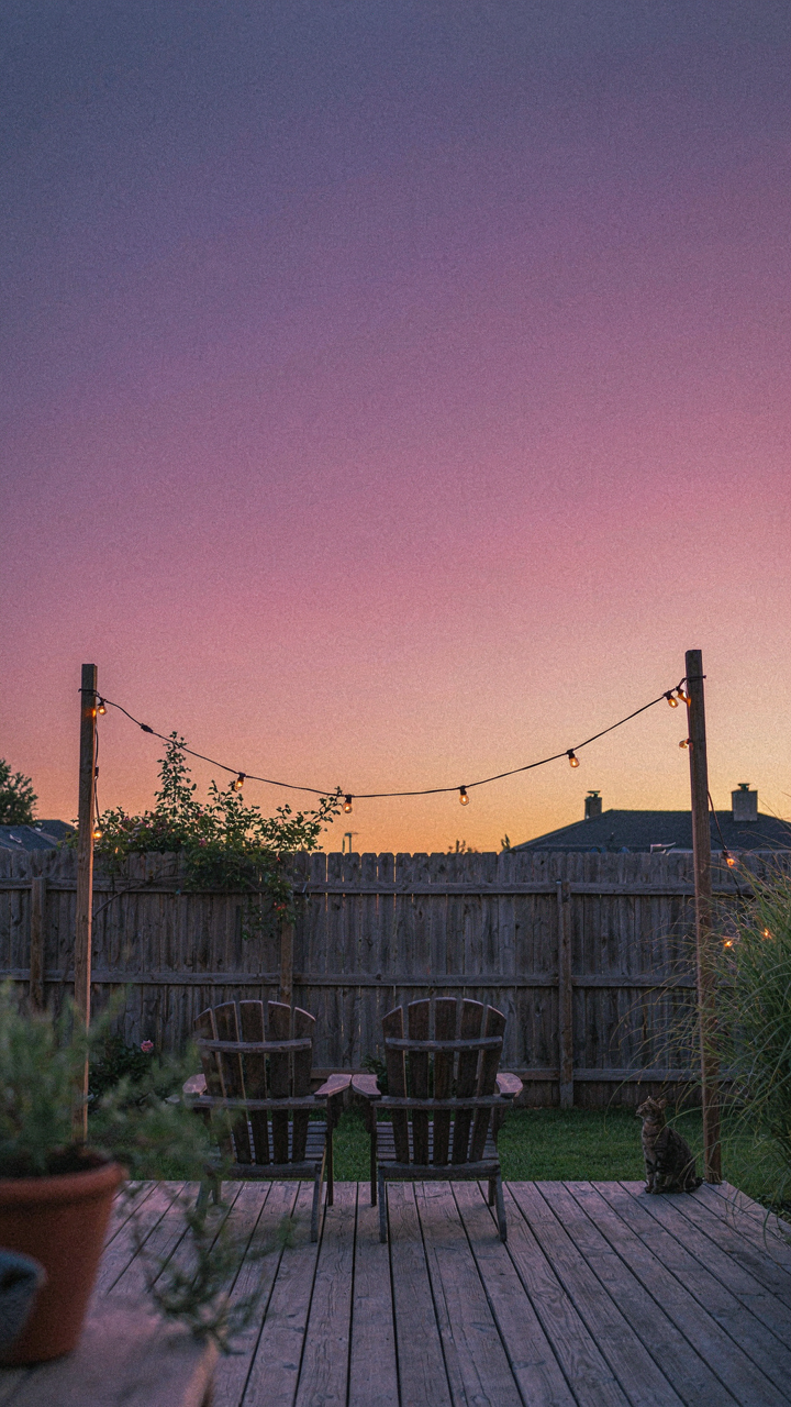 A beautiful sunset over a backyard with string lights beginning to glow.