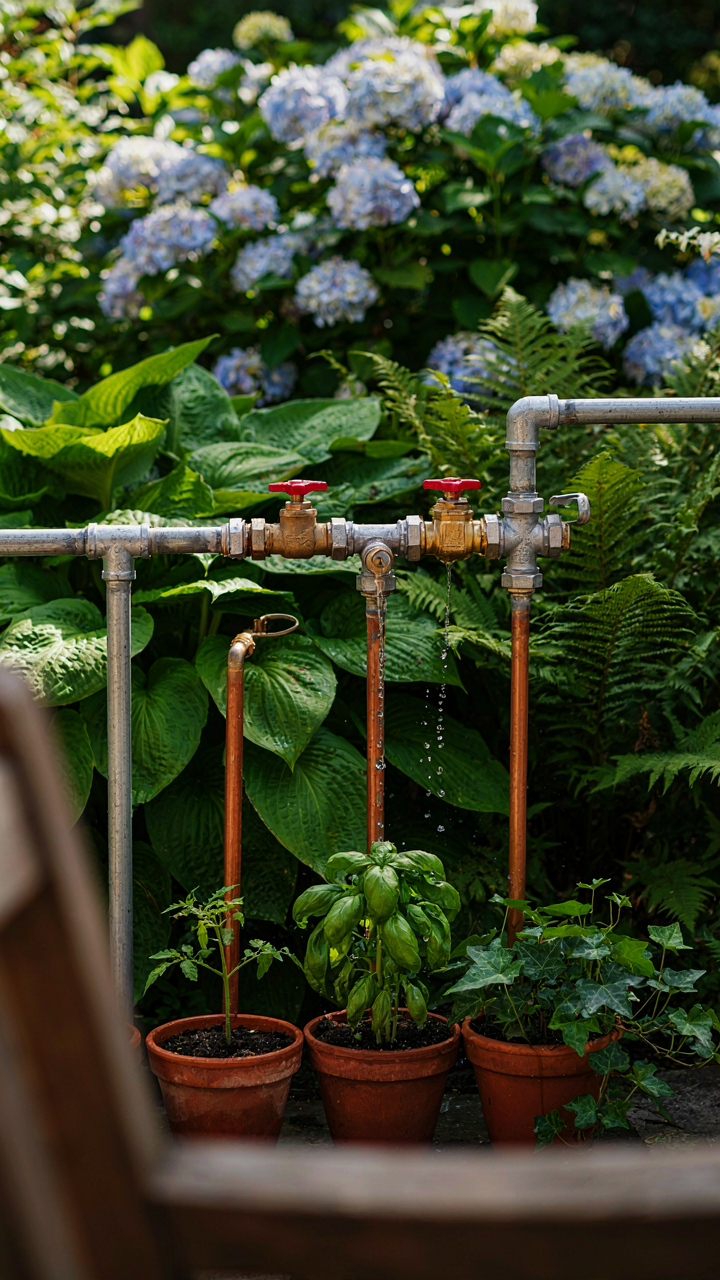 A complex network of pipes and valves distributes water in a garden.