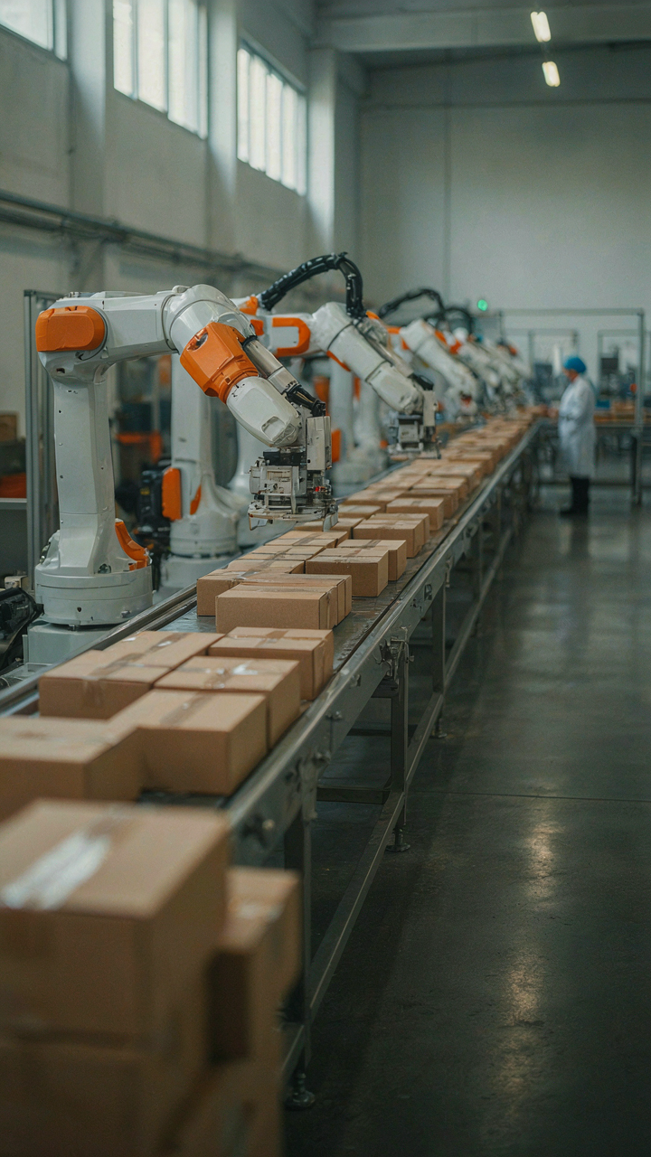 Robots efficiently package boxes on a factory assembly line.
