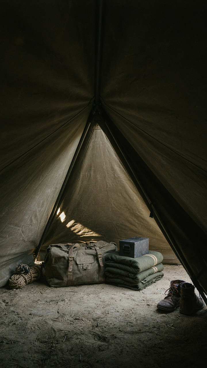 Inside a military tent, personal gear is neatly stored and organized for utility.