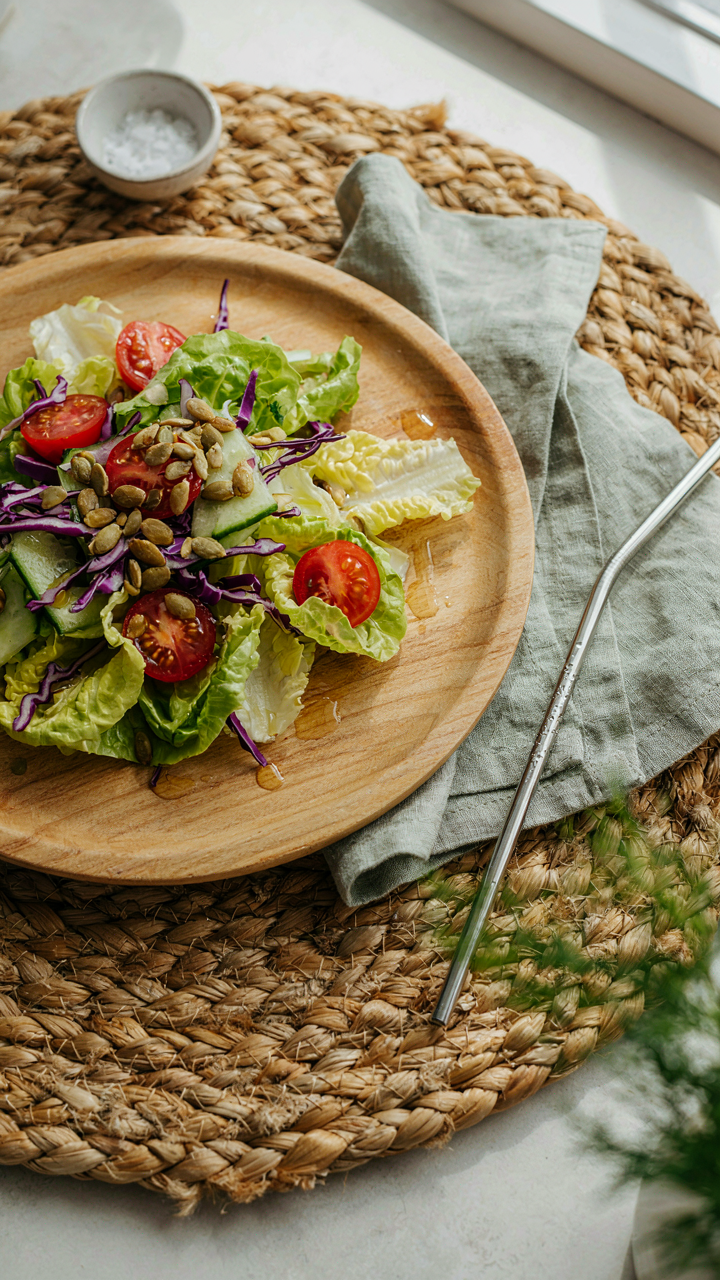 A bamboo plate with salad, a cloth napkin, and a metal straw.
