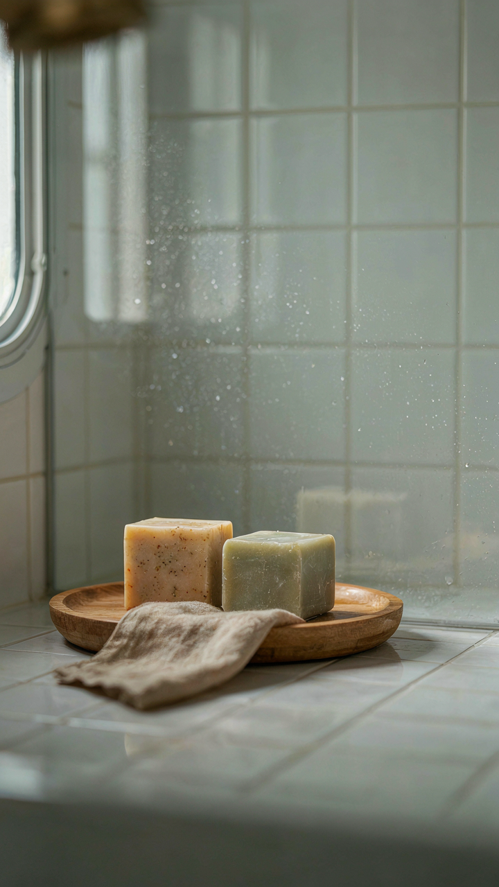 Solid shampoo and conditioner bars sit on a tray in an RV shower.