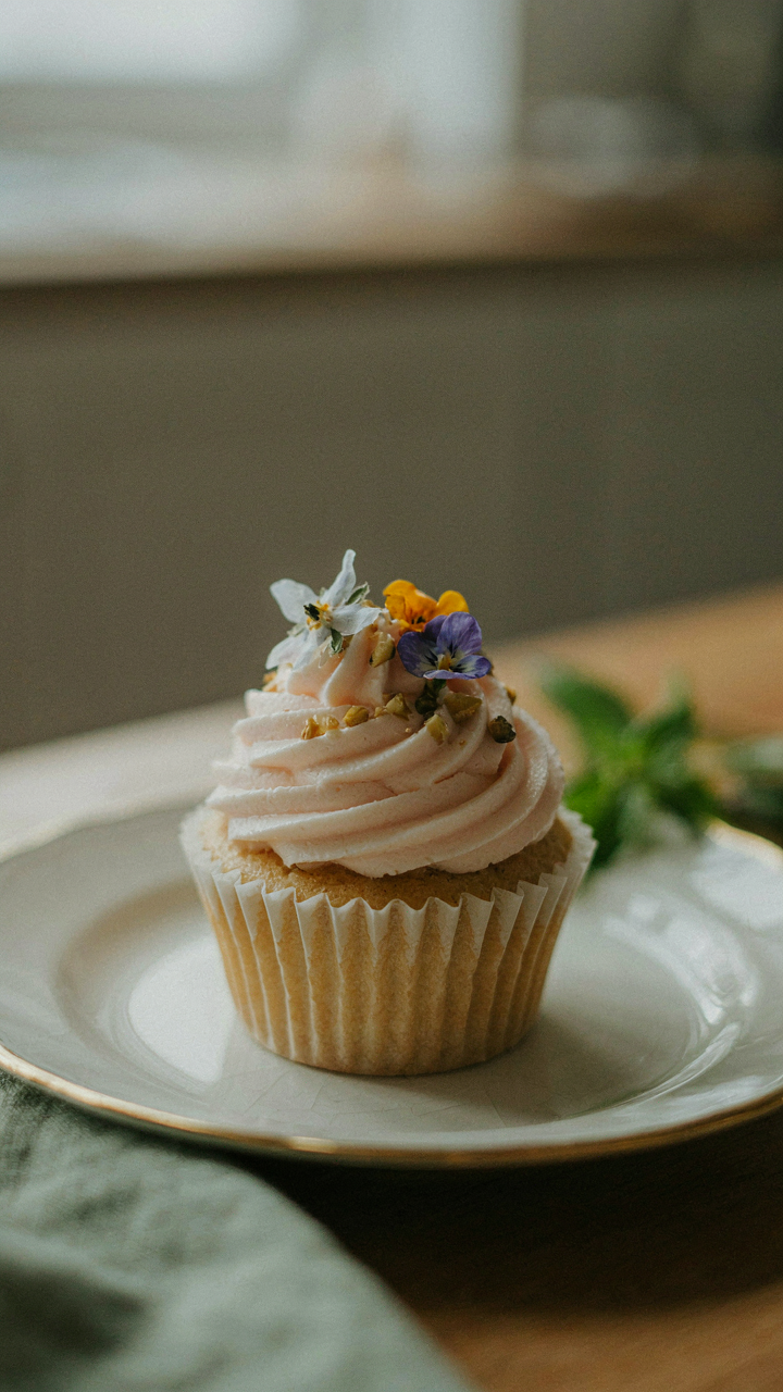 A single gourmet cupcake with intricate frosting on a china plate.