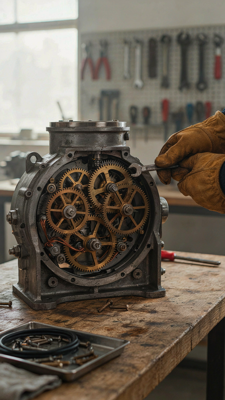 A close up of gears and wires in a complex machine.