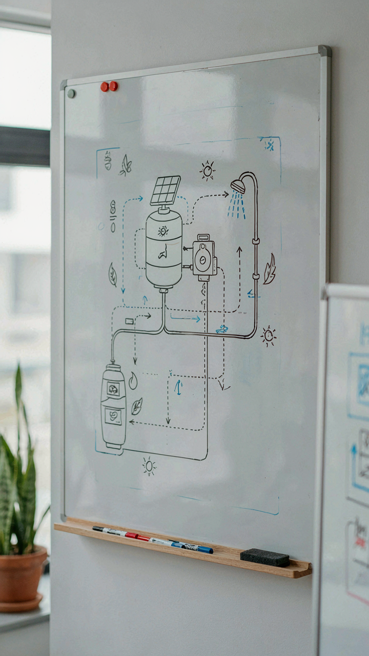 A complex diagram on a whiteboard shows a comprehensive camping shower system.