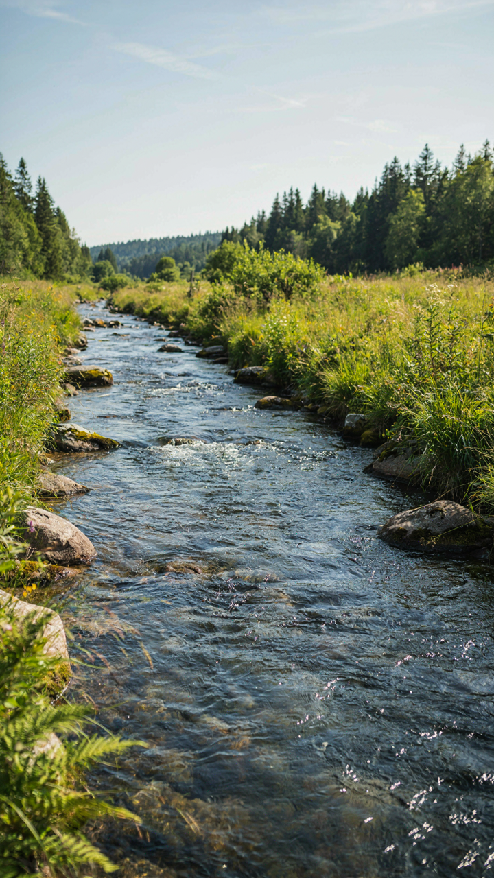 A clear river channel with water flowing swiftly and smoothly.