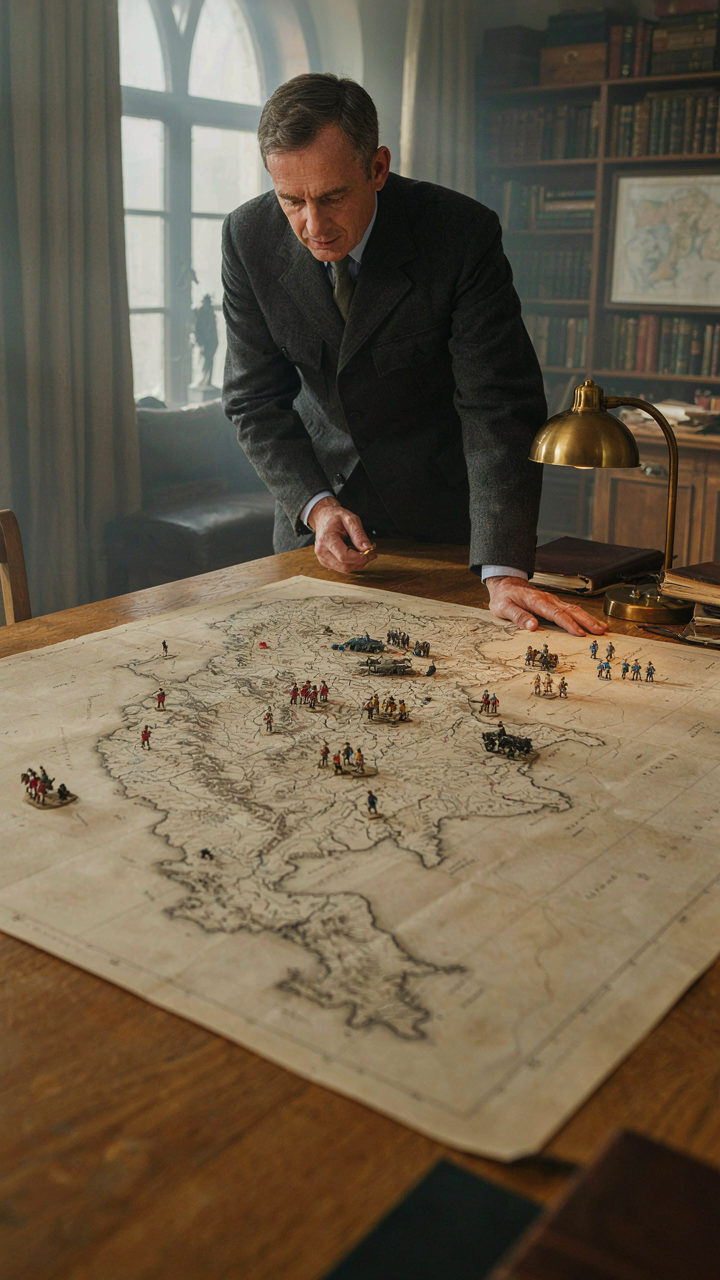 A military strategist moves pieces on a large, detailed war map.