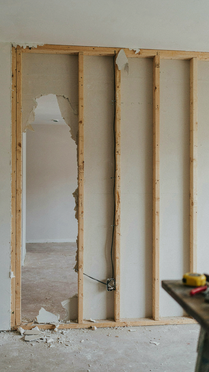 A partially demolished interior wall shows exposed studs and framing.