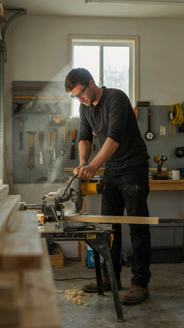 A person confidently cuts wood with a miter saw in a sunny workshop.