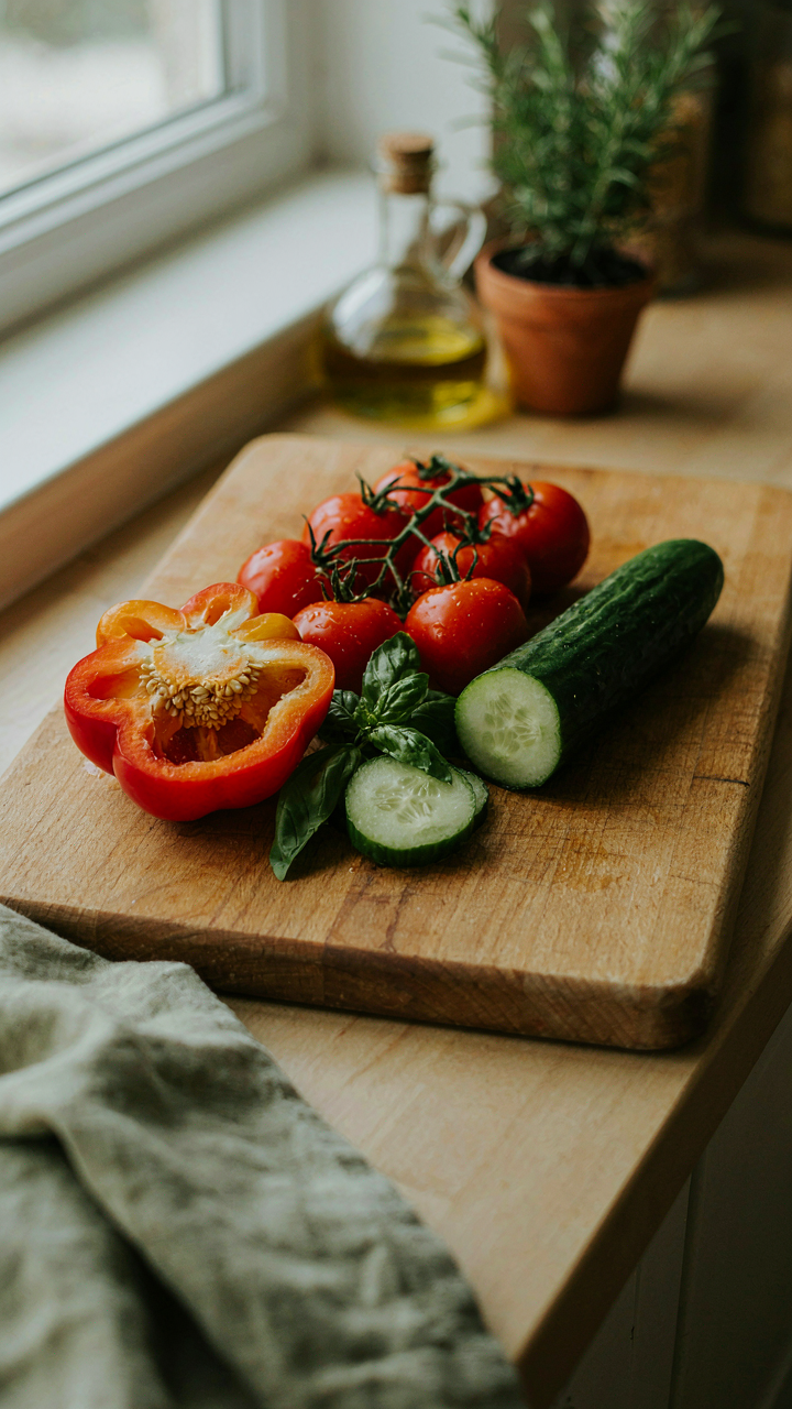 Colorful bell peppers, cucumbers, and cherry tomatoes are on a cutting board.